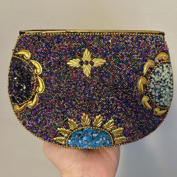 Ramla Beaded Clutch Purple Multicolor Mosaic Chain Strap Handmade NEW Prom - Picture 2 of 15